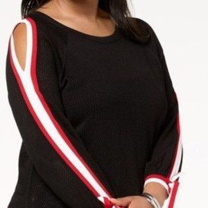 INC Stripe Trim Cold Shoulder Sweater